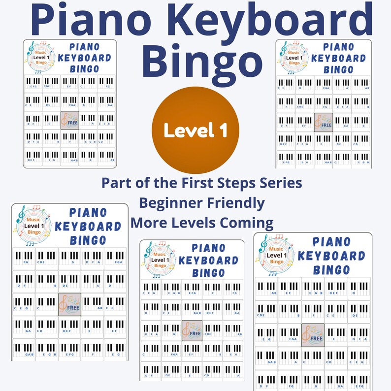 Op de afbeelding: Een verzameling pianoklavierbingokaarten voor niveau 1, ontworpen voor beginners. De kaarten tonen pianotoetsen en muzieknotatie, met de tekst "Piano Keyboard Bingo" en "Level 1" duidelijk zichtbaar. De zin "Part of the First Steps Series" is ook aanwezig.