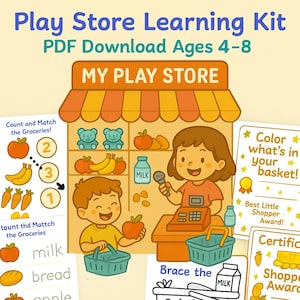 May include: A colorful illustration of a play store learning kit for ages 4-8. The image features a store with cartoon characters, groceries, and educational activities. Text includes "Play Store Learning Kit" and "My Play Store".