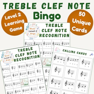Op de afbeelding: Een educatieve spelset met muziekthema. De afbeelding toont meerdere kaarten met muzieknoten en de tekst "Treble Clef Note Bingo". Bevat "Level 2 Learning Game" en "50 Unique Cards" op de kaarten. De game richt zich op het herkennen van de G-sleutelnoten.