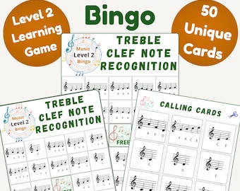 Jogo de Bingo para Aprendizagem de Piano - Reconhecimento de Notas na Clave de Sol - Nível 2 - Atividade de Leitura de Notas Musicais - Jogo de Música para Piano Imprimível para Iniciantes