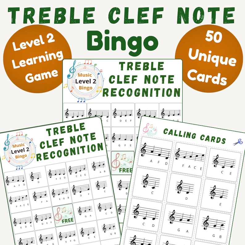 Op de afbeelding: Een educatieve spelset met muziekthema. De afbeelding toont meerdere kaarten met muzieknoten en de tekst "Treble Clef Note Bingo". Bevat "Level 2 Learning Game" en "50 Unique Cards" op de kaarten. De game richt zich op het herkennen van de G-sleutelnoten.