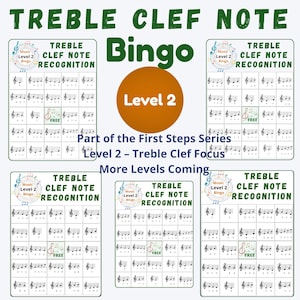 Op de afbeelding: Een educatieve afbeelding met muziekthema met de tekst "TREBLE CLEF NOTE" en "Bingo". De afbeelding bevat meerdere "TREBLE CLEF NOTE RECOGNITION" spelkaarten, een Level 2 oranje cirkel en de tekst "Part of the First Steps Series."