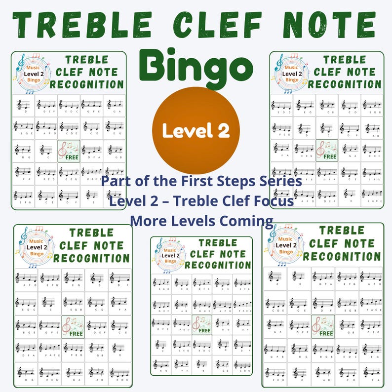 Op de afbeelding: Een educatieve afbeelding met muziekthema met de tekst "TREBLE CLEF NOTE" en "Bingo". De afbeelding bevat meerdere "TREBLE CLEF NOTE RECOGNITION" spelkaarten, een Level 2 oranje cirkel en de tekst "Part of the First Steps Series."