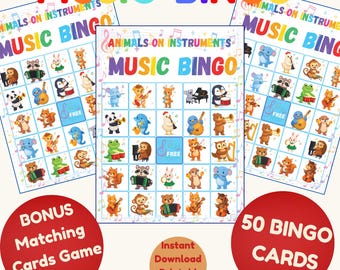 Music Bingo Game - Animals Playing Instruments – 50 Printable Cards, Family Games / PDF Download