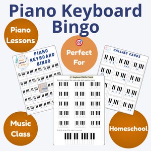 Op de afbeelding: Piano Keyboard Bingo-spelset met illustraties van pianotoetsenborden. Bevat bingokaarten, belkaarten en een toetsenbordvaardigheidstoets. De afbeelding bevat ook de tekst "Piano Lessons", "Music Class" en "Homeschool".