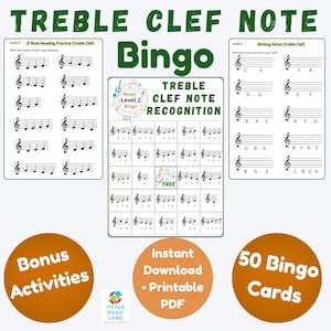 Op de afbeelding: Een educatieve print met muziekthema met herkenning van de G-sleutelnoten. Het ontwerp bevat bingokaarten, oefenbladen voor het lezen van noten en schrijfoefeningen. De tekst "Bonus Activities", "Instant Download - Printable PDF" en "50 Bingo Cards" is ook opgenomen.