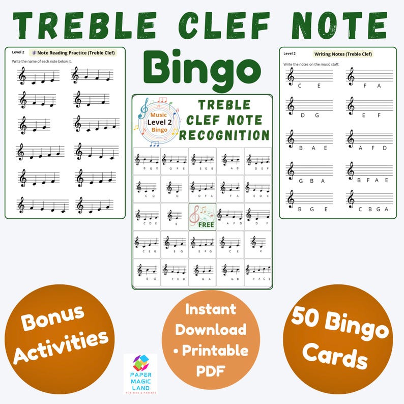 Op de afbeelding: Een educatieve print met muziekthema met herkenning van de G-sleutelnoten. Het ontwerp bevat bingokaarten, oefenbladen voor het lezen van noten en schrijfoefeningen. De tekst "Bonus Activities", "Instant Download - Printable PDF" en "50 Bingo Cards" is ook opgenomen.