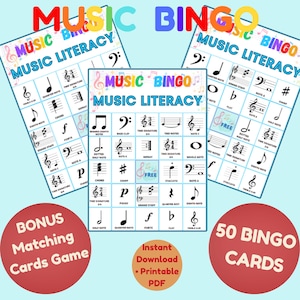 May include: A colorful image featuring three music literacy bingo cards with musical notes and symbols. The words "Music Bingo" and "Music Literacy" are displayed. Includes bonus matching cards and 50 bingo cards.