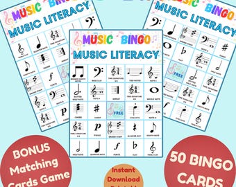 Music Literacy Bingo – Music Symbols – Printable Music Learning Game for All Ages – 65 Pages