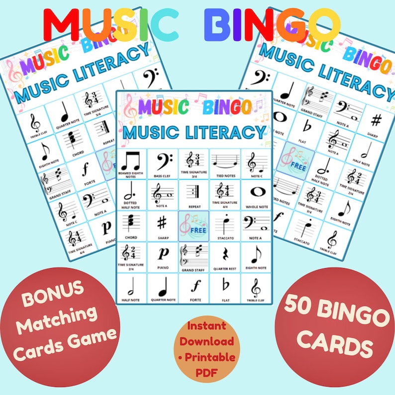 May include: A colorful image featuring three music literacy bingo cards with musical notes and symbols. The words "Music Bingo" and "Music Literacy" are displayed. Includes bonus matching cards and 50 bingo cards.