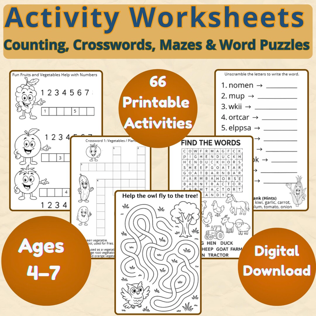66 Kids Activity Worksheets Pack | Printable Activities | Counting
