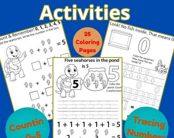 Jogos de Matemática com Animais Marinhos | Contagem e Traçado de Números de 0 a 5 | Atividades para Educação Infantil | 25 Páginas para Colorir
