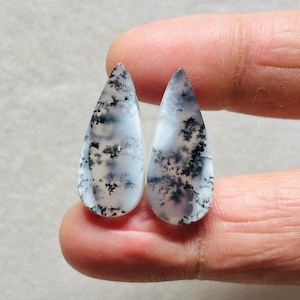 Puede incluir: Dos piedras preciosas en forma de lágrima con base blanca e intrincadas inclusiones dendríticas negras. Las piedras se sostienen entre los dedos, mostrando sus superficies pulidas y patrones únicos. Ideales para la fabricación de joyas.