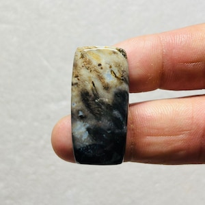May include: A rectangular gemstone with a polished surface. The stone features a blend of colors, including black, brown, and cream, with a marbled pattern. The gemstone is held between two fingers.