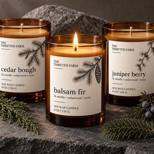 Puede incluir: Tres velas de cera de soja en frascos de vidrio ámbar con etiquetas blancas de The Thrifted Farm, 8 oz | 226 g, que indican cedar bough, balsam fir o juniper berry. La vela central está encendida y todas tienen ilustraciones botánicas.