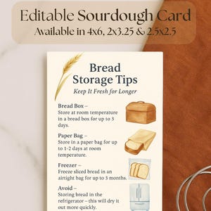 May include: A cream-colored card with the text "Editable Sourdough Card" and "Bread Storage Tips." The card provides tips for storing bread, including using a bread box, paper bag, and freezer. The card is available in 4x6, 2x3.25, and 2.5x2.5 sizes.