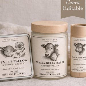 May include: An assortment of organic baby skincare products, including a tin of Gentle Tallow, a jar of Mama Belly Balm, and a Baby Cheek Stick. Each product features a cow illustration and the text "Organic Natural".