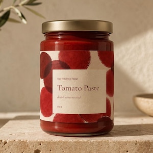 May include: A jar of tomato paste with a silver lid and a label that reads "Tomato Paste." The label has a pattern of red circles. The jar is sitting on a stone surface.