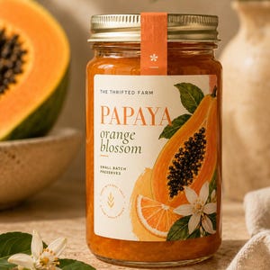May include: A jar of papaya orange blossom preserves with a gold lid and an orange label. The label features a papaya illustration and the text "The Thrifted Farm". A halved papaya and flowers are in the background.