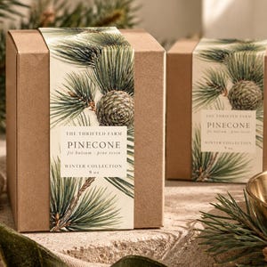 Può includere: Due scatole quadrate in cartone marrone con un'etichetta color crema raffigurante pigne e aghi di pino. Il testo recita: The Thrifted Farm, Pinecone, fir balsam, pine resin, Winter Collection, 9 oz. Le scatole sono disposte su una superficie ruvida.