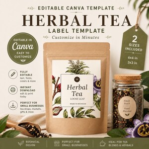 Editable Herbal Tea Label Template Canva, Apothecary Packaging Label, Loose Leaf Tea Branding Kit, Botanical Farm Stand Label, Small Busines