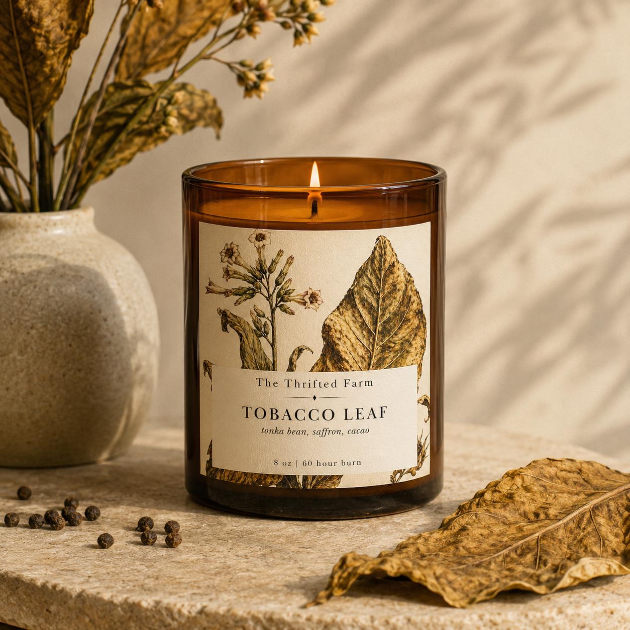 tonka and tobacco leaf candle Road scented 8 oz. soy in upcycled beer bottle 100 hour burn time Handsome Devil Candle: Tobacco Leaf,