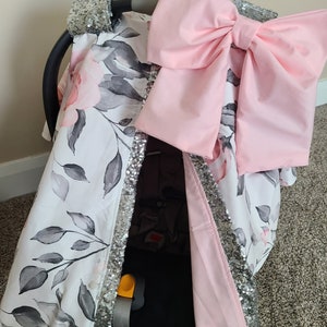 White Grey Floral Car Seat Cover, Personalized Baby Shower Gift, Sparkle Baby Girl Carseat Cover READY TO SHIP