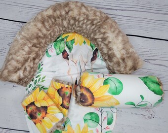 Skull Sunflower Baby Carseat Cover Bundle Set, Infant Car Seat Cushions, Infant Head Support Pillow, Arm Cushion, Infant Strap Covers