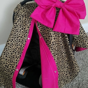 Cheetah and Hot Pink Car Seat Cover, Leopard w/ Hot Pink,  Baby Shower Gift, Baby Girl Car Seat Canopy, Personalized Gift