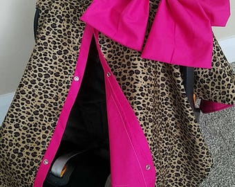 Cheetah and Hot Pink Carseat Cover, Leopard w/ Hot Pink,  Baby Shower Gift, Baby Girl Car Seat Canopy, Personalized Gift