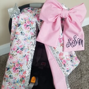 Silver Sequin Floral Carseat Cover, Girl Car Seat Canopy, Baby Shower Gift, READY TO SHIP