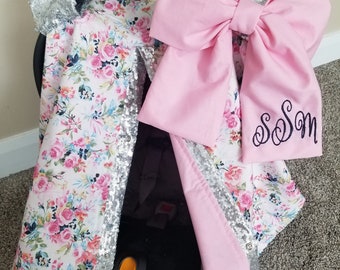 Silver Sequin Floral Carseat Cover, Girl Car Seat Canopy, Baby Shower Gift, READY TO SHIP