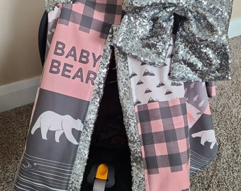 Little Bear CarSeat Cover, Baby Bear Pink Grey w/ Silver Sparkle, Personalized Baby Shower Gift, Baby Girl Car Seat Canopy, READY TO SHIP