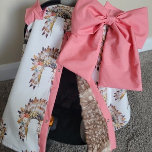 Tocado floral con funda de piel de cervatillo para asiento de coche - Funda para asiento de coche para niña - Regalo personalizado para baby shower - Toldo para asiento de coche para niña