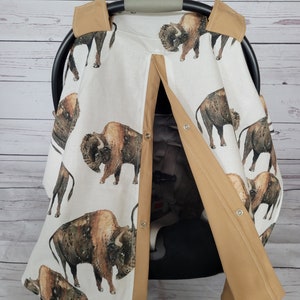 Funda de asiento de coche Buffalo, bisonte del bosque en color canela, regalo personalizado para baby shower, capota para asiento de coche de bebé niño