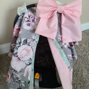 Grey Flower Blush Girl Car Seat Cover, Baby Girl Car Seat Canopy, Baby Shower Gift READY TO SHIP