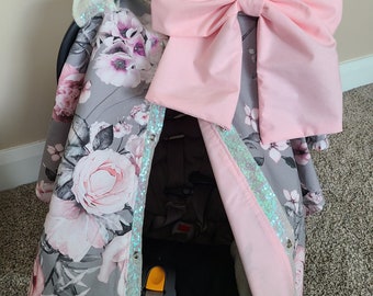 Grey Flower Blush Girl Car Seat Cover, Baby Girl Car Seat Canopy, Baby Shower Gift READY TO SHIP