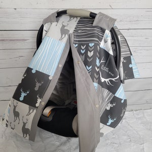 Funda para asiento de coche con diseño de ciervo azul y gris, regalo personalizado para baby shower, capota para asiento de coche de bebé niño