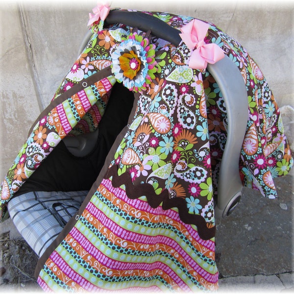 Carseat Canopy in Beautiful Paisley Print with Flower clip and bows RTS