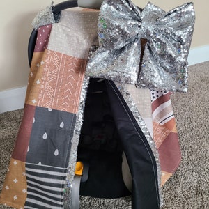 Rust Mustard Patch Carseat Canopy, Sequin Carseat Cover, Baby Shower Gift, Baby Girl Car Seat Canopy,