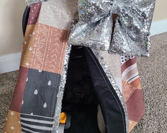 Rust Mustard Patch Carseat Canopy, Sequin Carseat Cover, Baby Shower Gift, Baby Girl Car Seat Canopy,