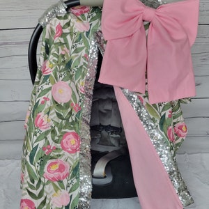Pink and Green Floral Carseat Cover, Floral w/ Silver Sparkle, Personalized Girl Baby Shower Gift, Baby Girl Car Seat Canop, READY TO SHIP