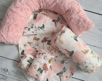 Peach Floral Baby Carseat Cover Bundle Set, Infant Car Seat Cushions, Infant Head Support Pillow, Arm Cushion, Infant Strap Covers
