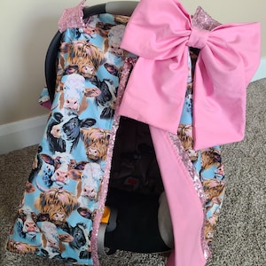 Pink Cow Farm Carseat Cover, Newborn Girl Gift, Baby Shower Gift, Baby Girl Car Seat Canopy