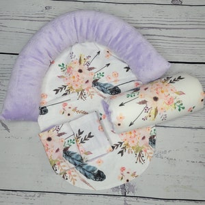 Feather Floral Baby Carseat Cover Bundle Set, Infant Car Seat Cushions, Infant Head Support Pillow, Arm Cushion, Infant Strap Covers