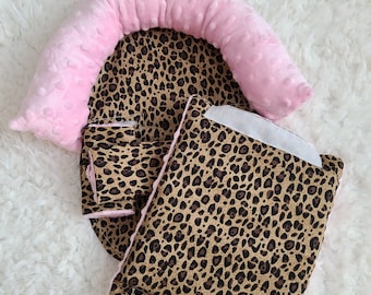 Cheetah Pink Baby Carseat Cover Bundle Set, Infant Car Seat Cushions, Infant Head Support Pillow, Arm Cushion, Infant Strap Covers