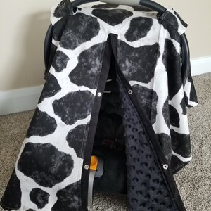 Cow and Black Minky Carseat Canopy,  Farm w/ Black Minky, Baby Shower Gift, Baby Boy Car Seat