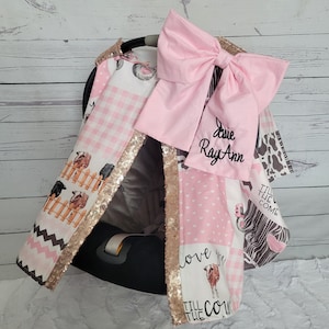 Farm Carseat Cover, Girl Cow Farm Tractor w/ Rose Gold Sparkle, Personalized Baby Shower Gift, Baby Girl Car Seat Canopy