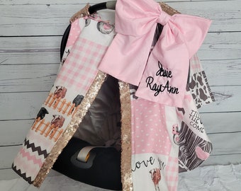 Farm Car Seat Cover, Girl Cow Farm Tractor w/ Rose Gold Sparkle, Personalized Baby Shower Gift, Baby Girl Car Seat Canopy