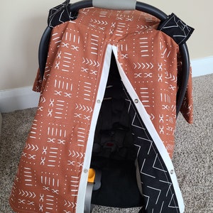 Baby Car Seat Canopy, Rust Aztec w/ Black, Personalized Baby Shower Gift, Baby Boy Car Seat Cover